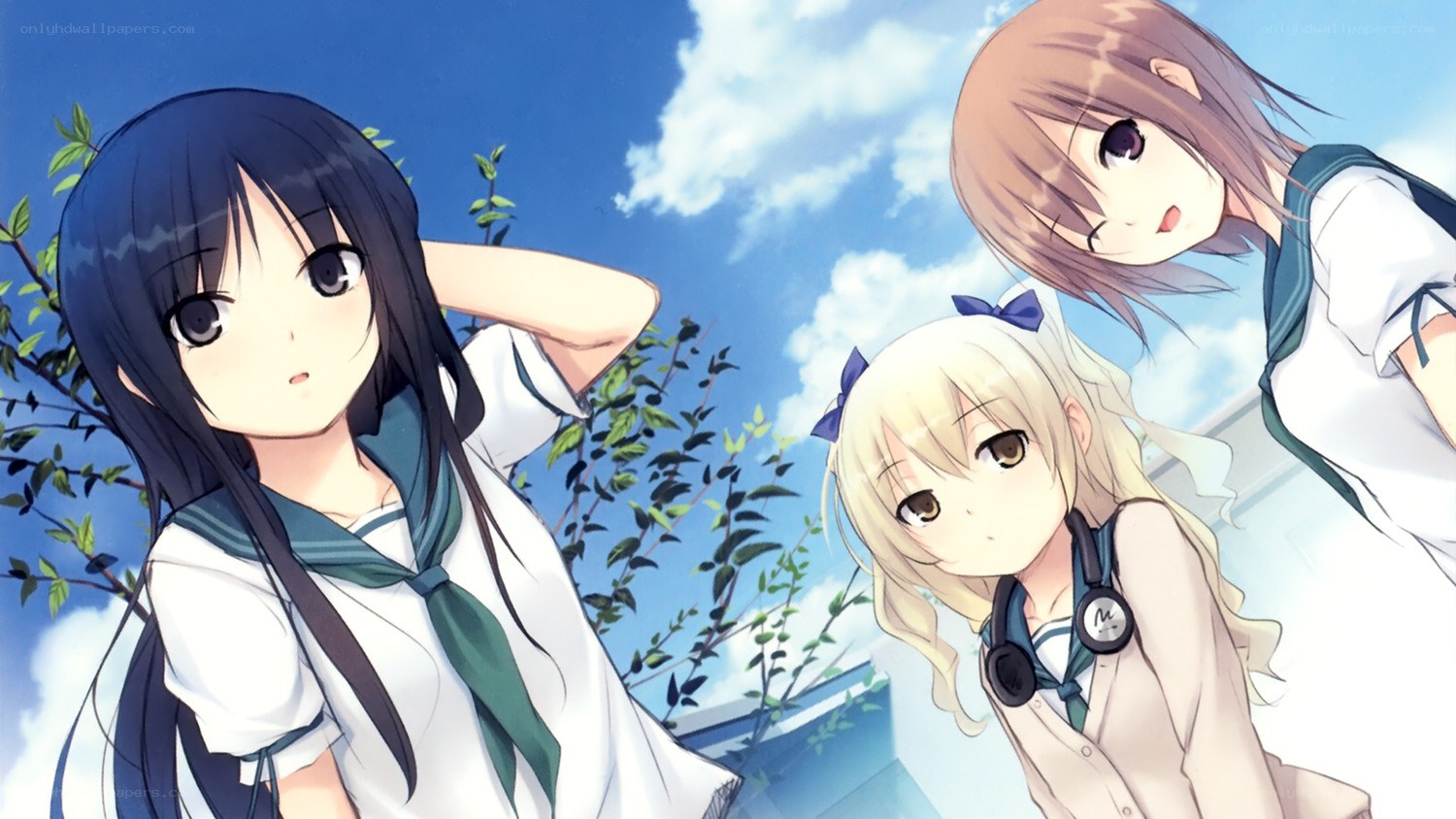 three schoolgirls under blue sky