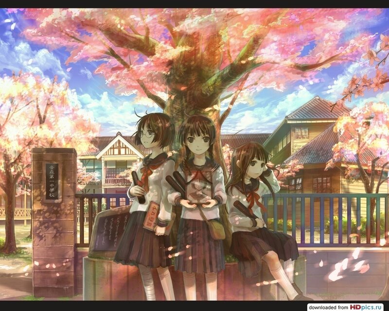 Three Schoolgirls under Cherry Blossoms — Pink, Serene, Spring, Anime, Cherry Blossoms, School Building, Tree