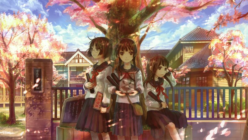 Three Schoolgirls under Cherry Blossoms — Pink, Serene, Spring, Anime, Cherry Blossoms, School Uniform