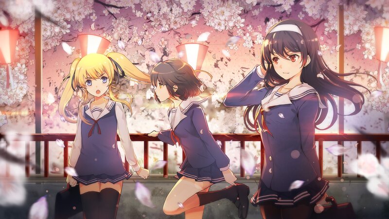 Three Schoolgirls under Cherry Blossoms — Pink, Serene, Spring, Anime