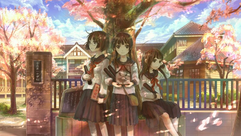 Three Schoolgirls under Cherry Blossoms — Pink, Serene, Spring