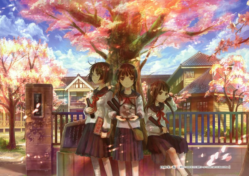 Three Schoolgirls under Cherry Blossoms — Pink, Serene