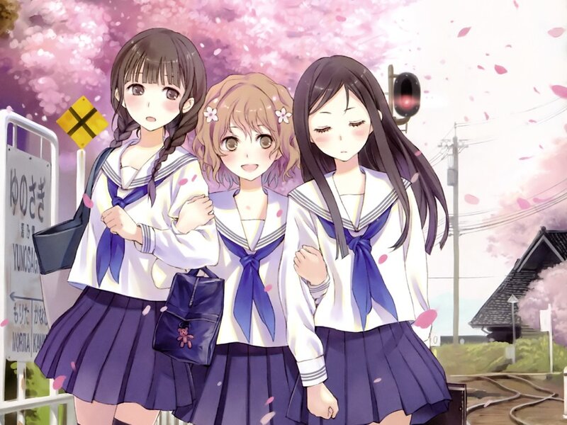 Three schoolgirls under cherry blossoms