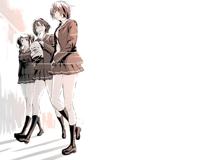 Three Schoolgirls Walking — Brown, Calm