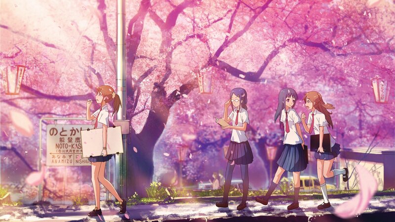 Three Schoolgirls Walking — Pink, Serene, Spring, Anime