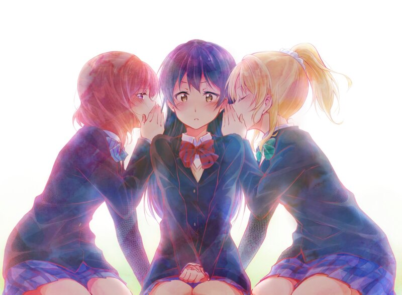 Three Schoolgirls Whispering — Blue, Playful