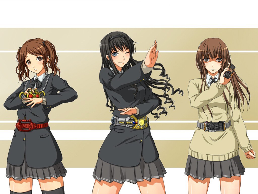 three schoolgirls with transformation devices