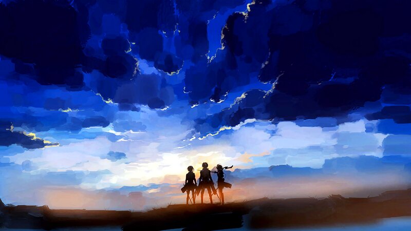 Three Silhouetted Figures — Blue, Dramatic, Sunset