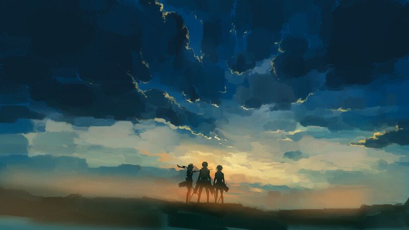 Three Silhouetted Figures — Blue, Dramatic