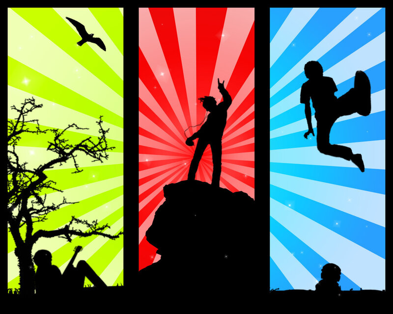 three silhouettes on colorful backgrounds