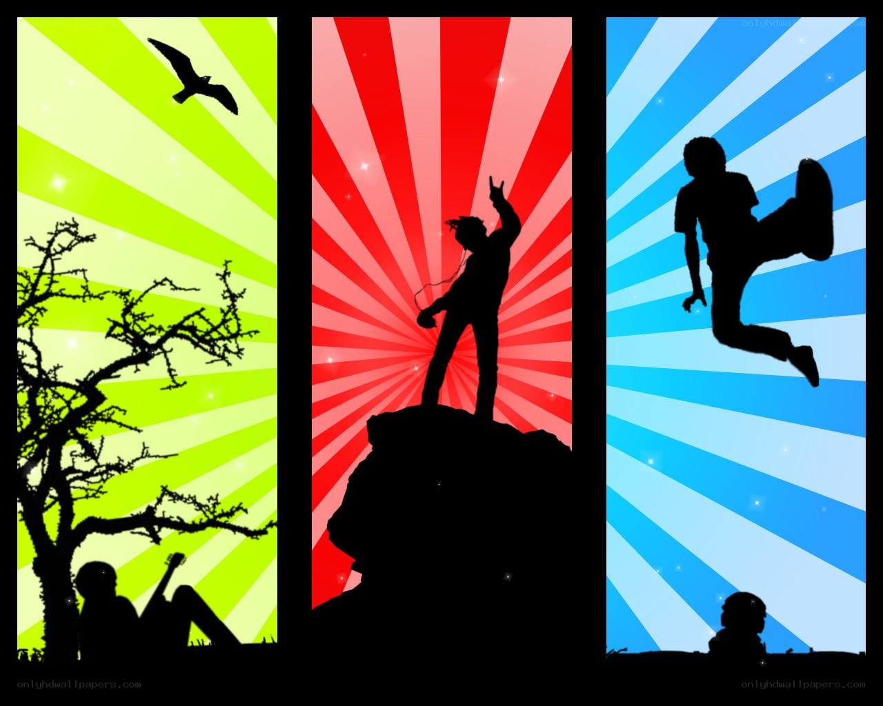 three silhouettes on colorful backgrounds