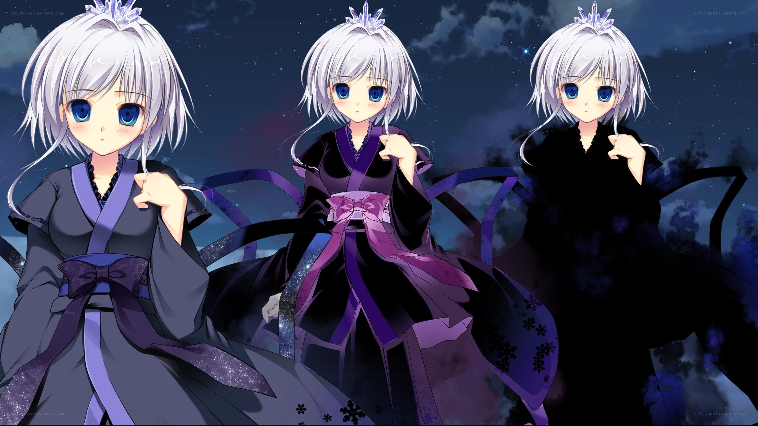 three silver-haired anime girls