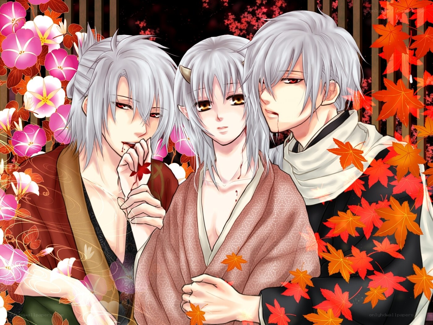 three silver-haired characters in autumn