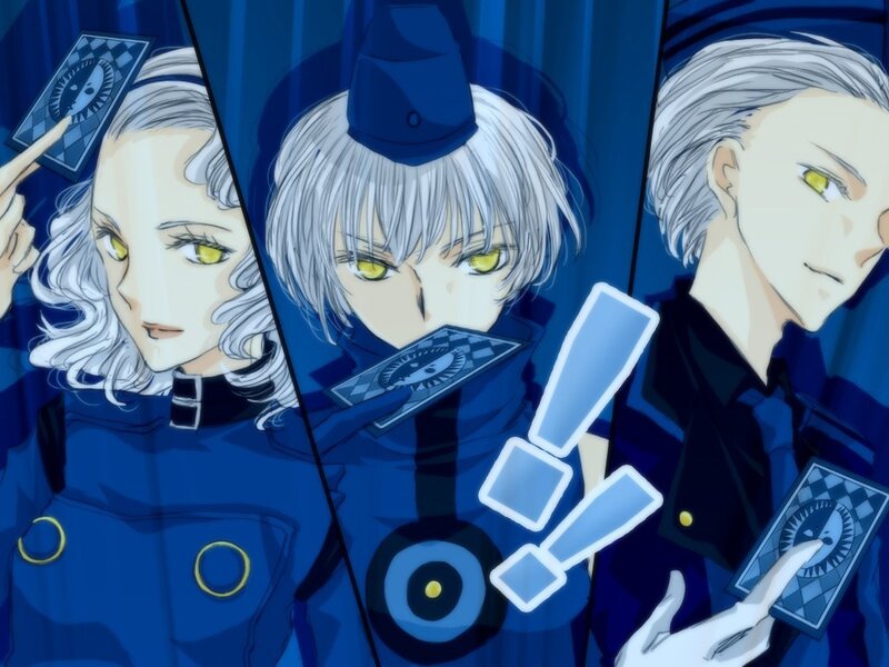 three silver-haired characters with cards