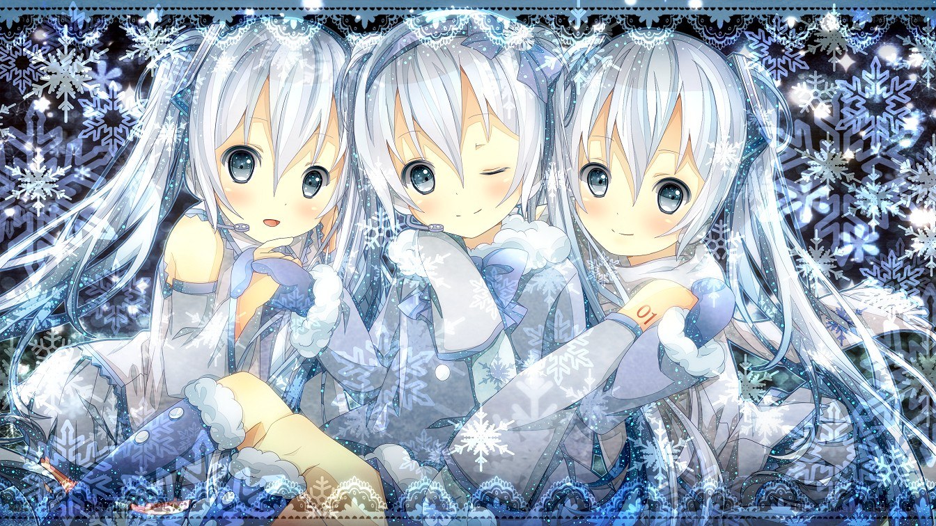 three silver-haired girls in winter