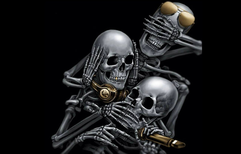Three Skeletons with Headphones