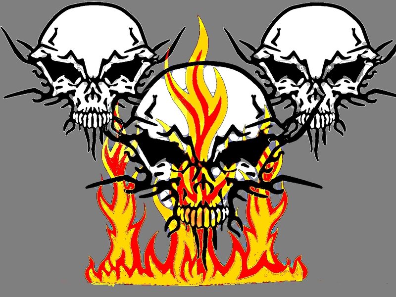 three skulls with flames