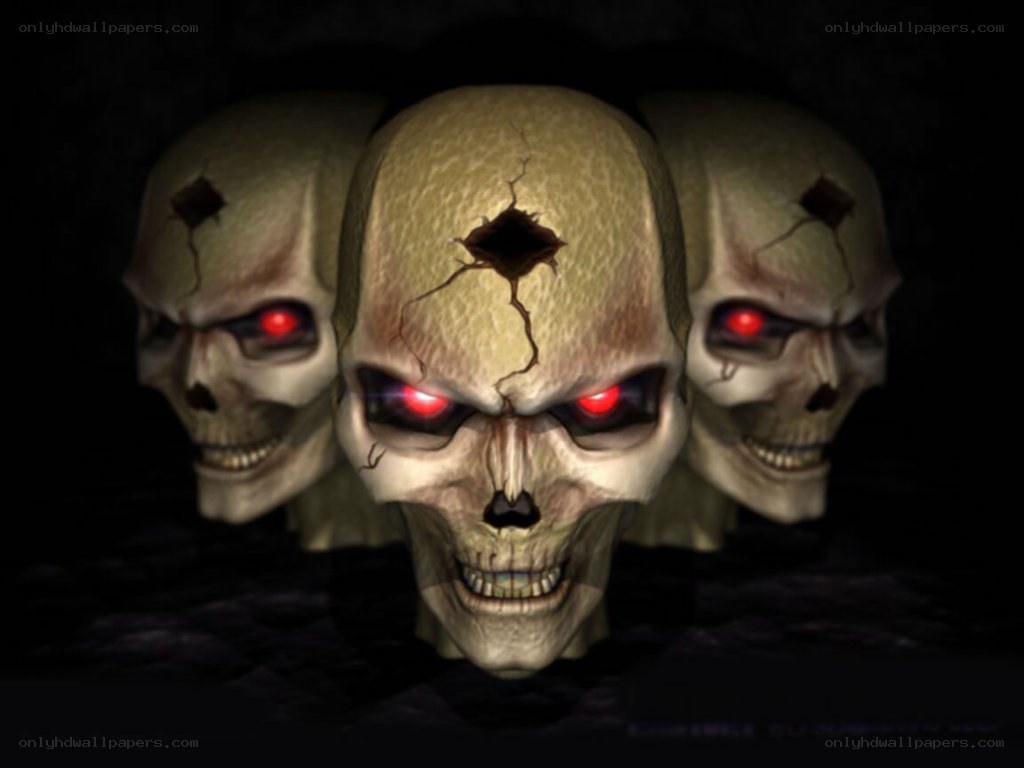 three skulls with red eyes