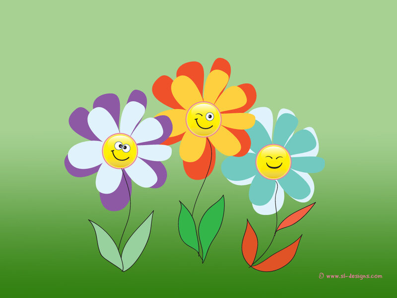 three smiling cartoon flowers