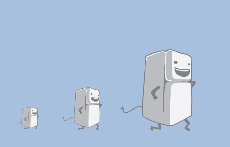 three smiling refrigerators
