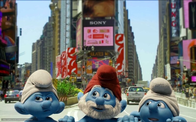 Three Smurfs in City — Blue, Busy