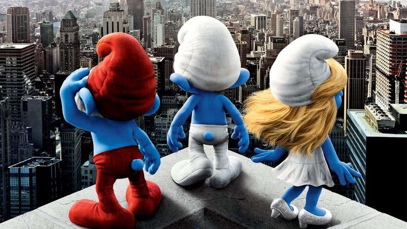 Three Smurfs on Rooftop — Blue, Adventurous