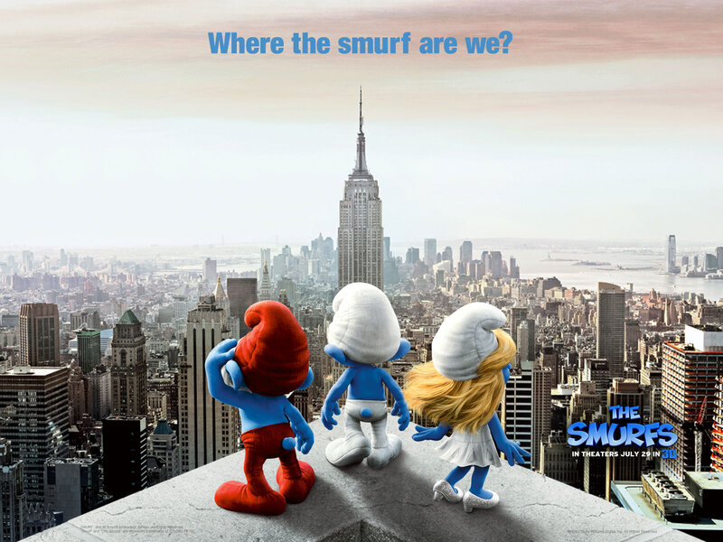 Three Smurfs on Rooftop — Blue, Curious