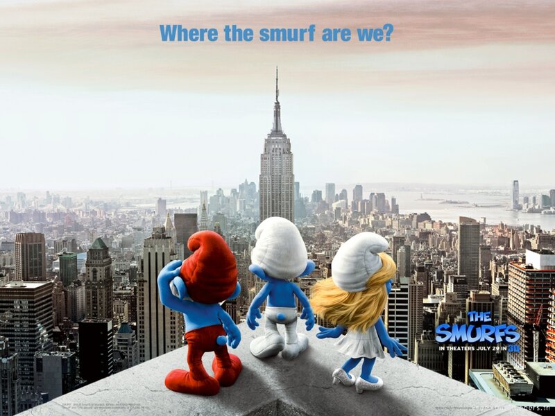 Three Smurfs on Rooftop — Blue
