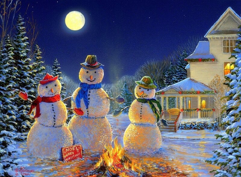 Three Snowmen at Night — Blue