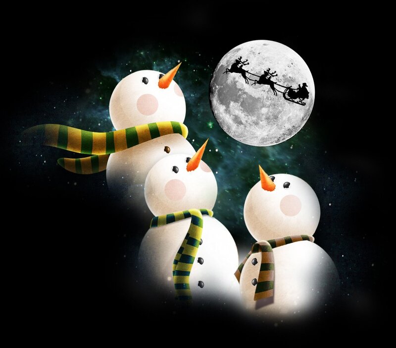 Three Snowmen at Night