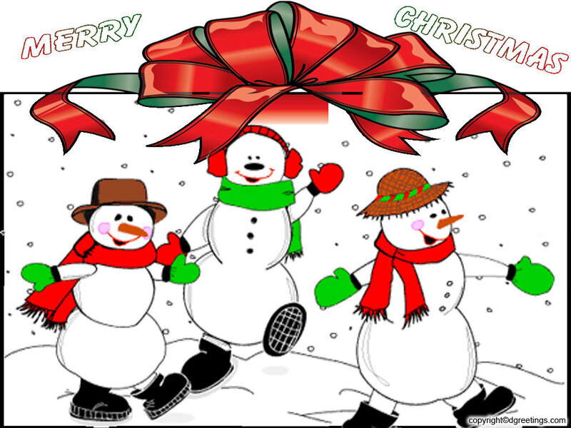 Three snowmen dancing in snow