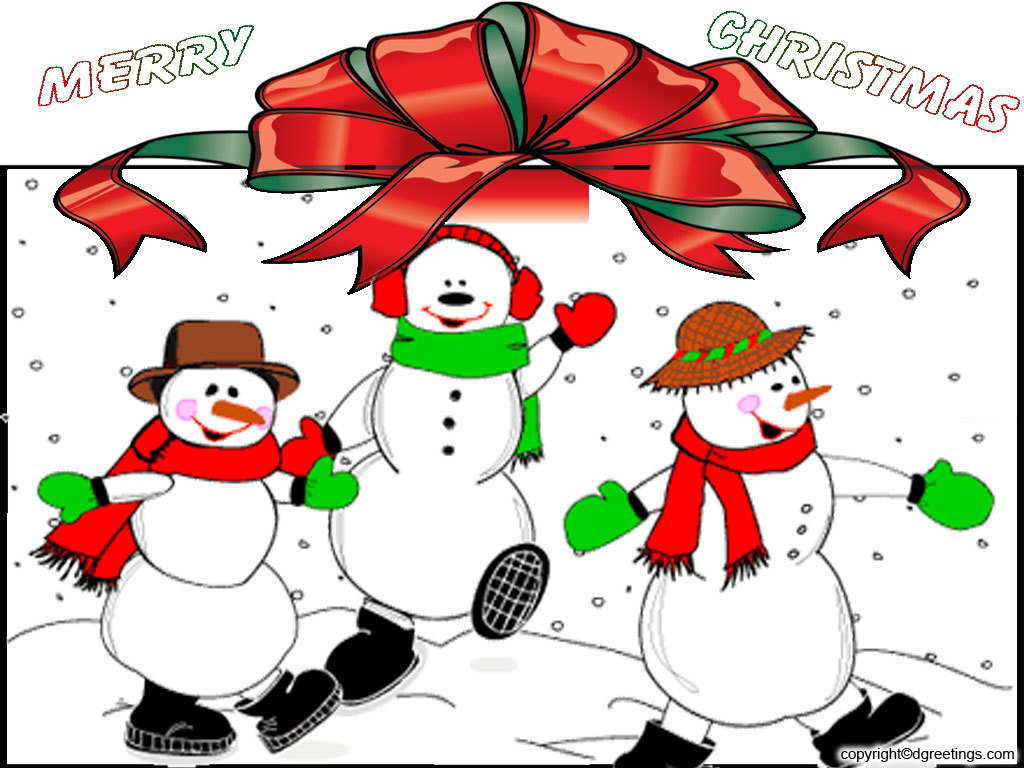 Three snowmen dancing in snow