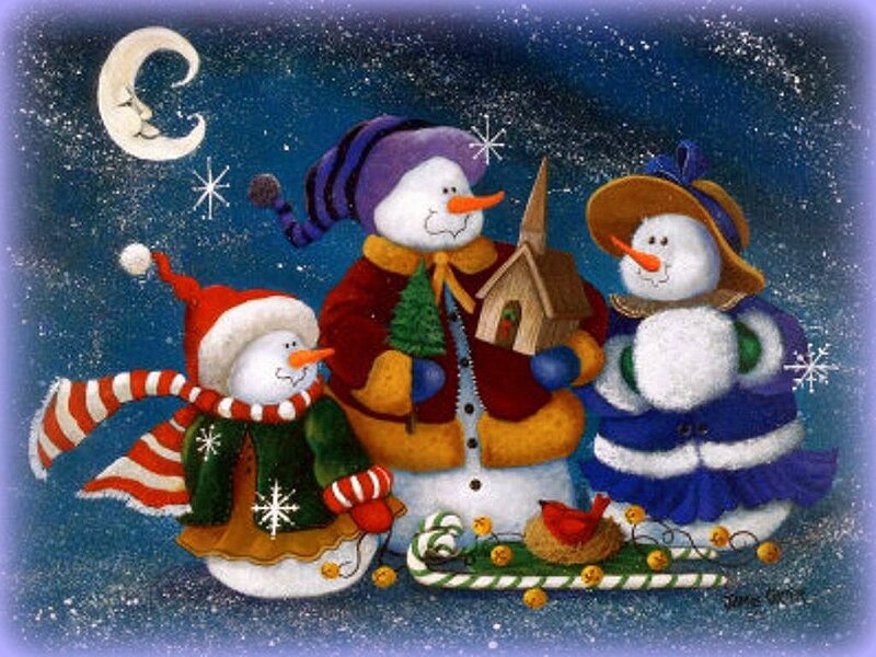 Three Snowmen Family — Blue
