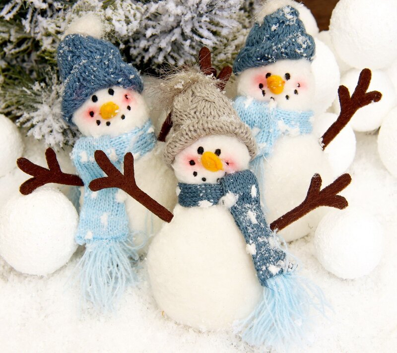 Three Snowmen Figurines — White, Festive, Winter, Photograph