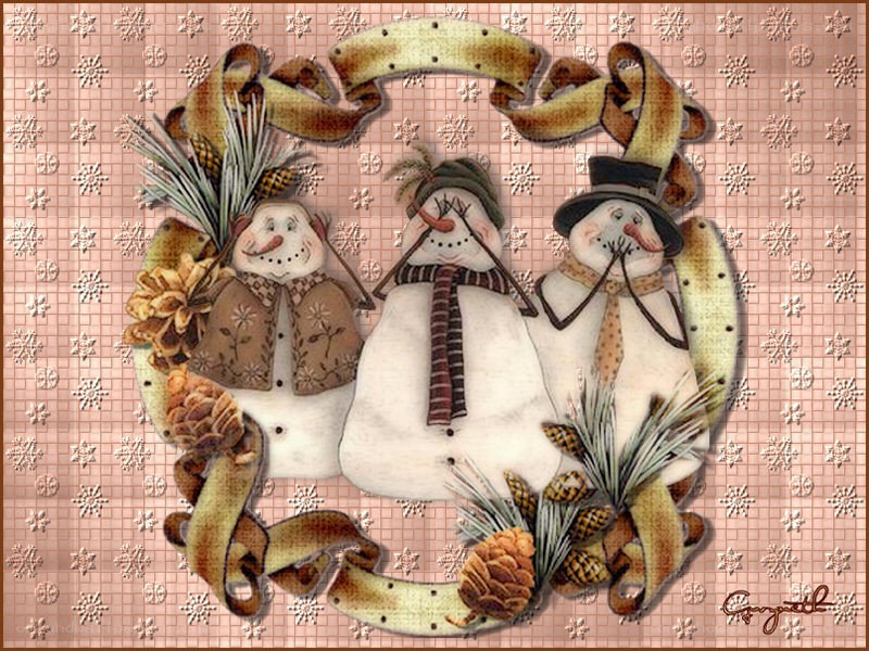 Three snowmen in a wreath