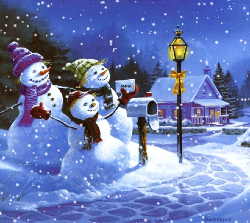 Three Snowmen in Snow — Blue
