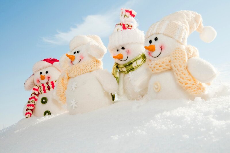 Three Snowmen in Snow — White, Festive, Winter, Photograph, Scarves