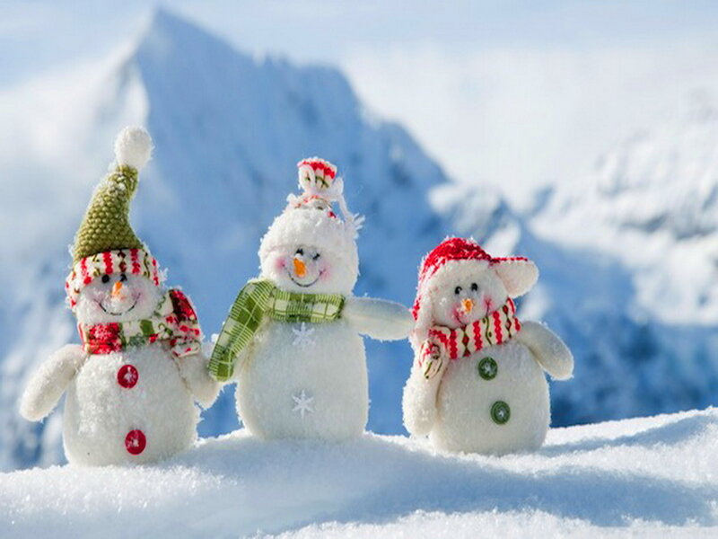 Three Snowmen in Snow — White, Festive, Winter, Photograph