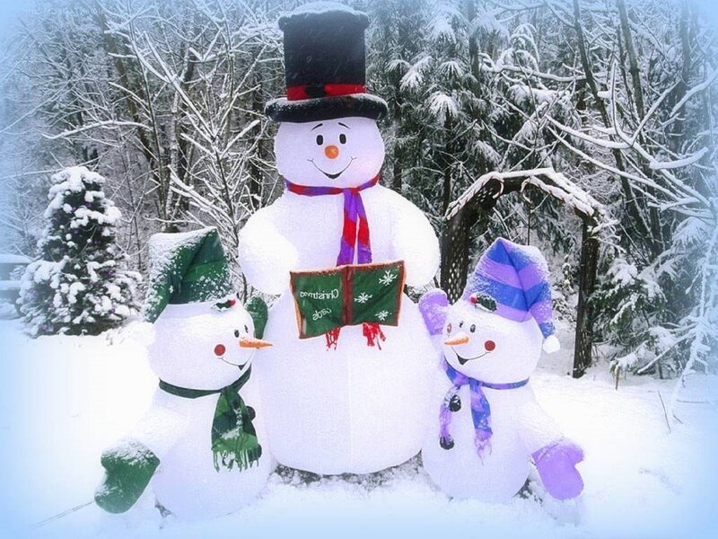 Three Snowmen in Snow — White, Festive, Winter, Photograph, Trees