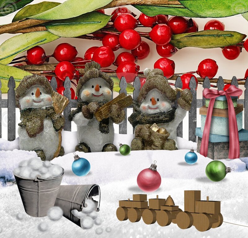 Three Snowmen in Snow — White, Festive, Winter