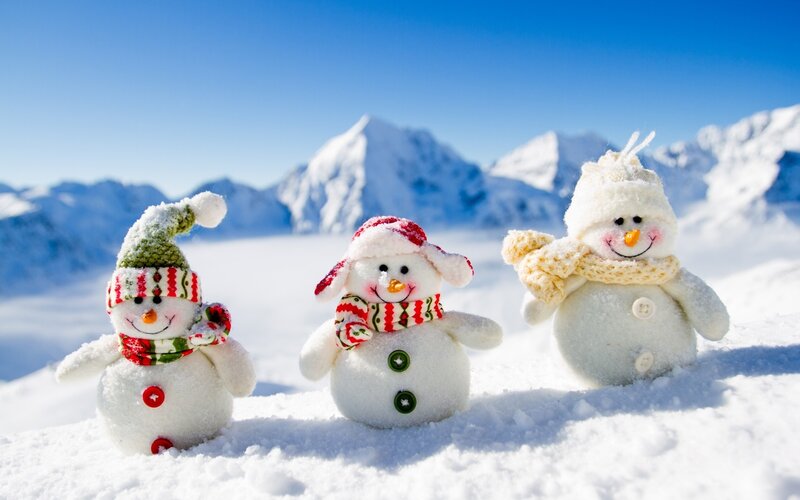 Three Snowmen in Snow — White, Peaceful, Winter
