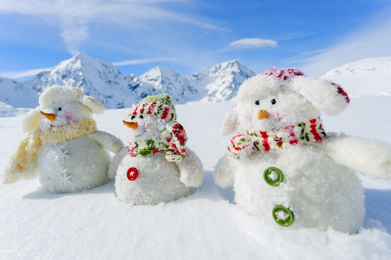 Three Snowmen in Snow — White, Serene