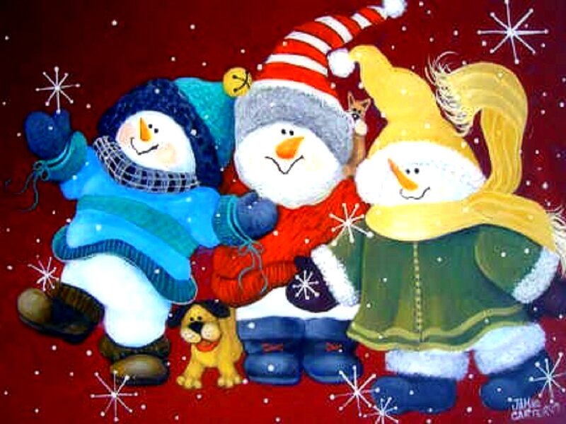 Three Snowmen in Winter — Red