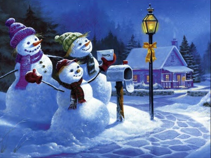 Three Snowmen in Yard