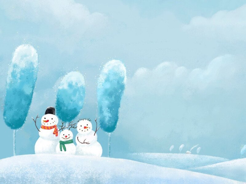 Three Snowmen on Hill — Blue