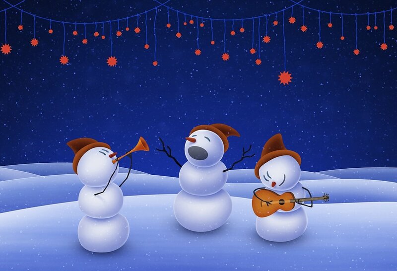 Three Snowmen Playing Music — Blue
