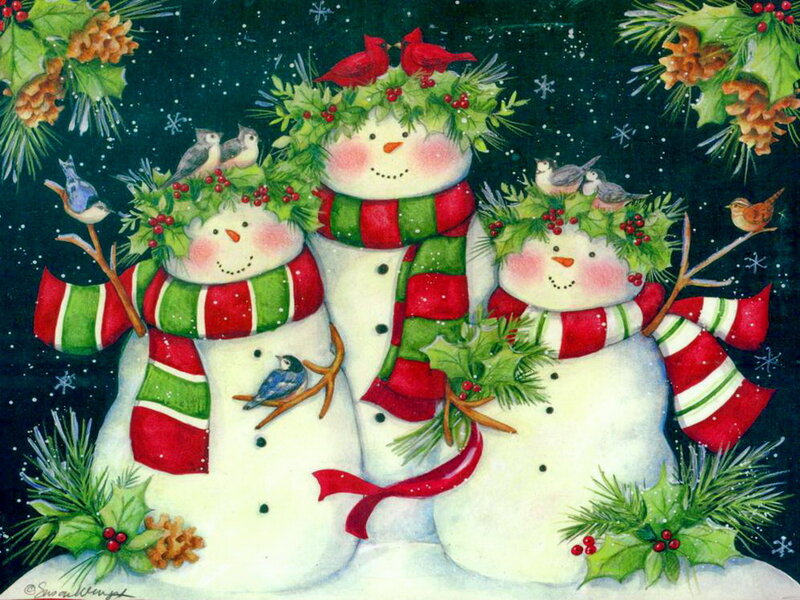 Three Snowmen with Birds