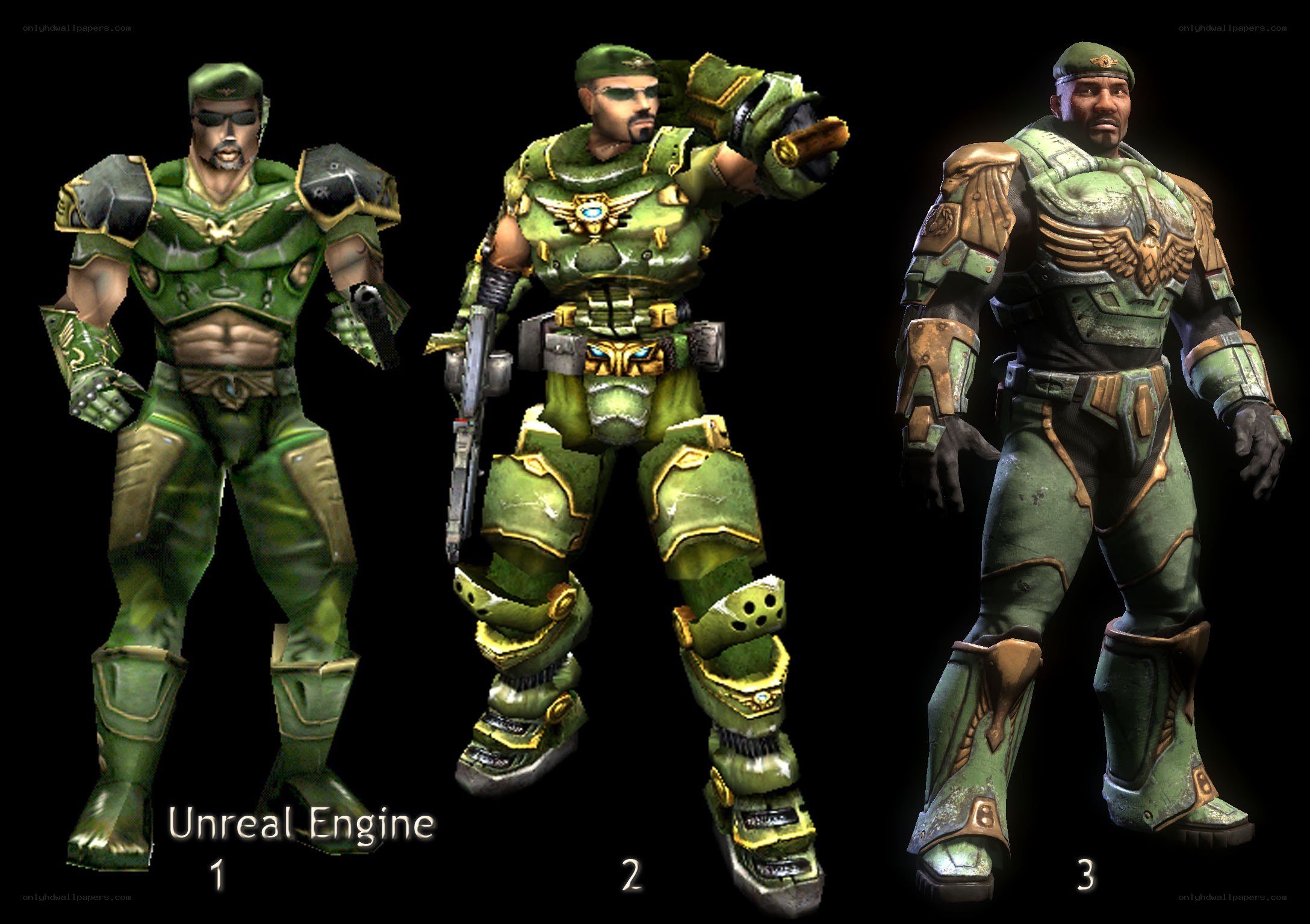 three soldier models in green armor