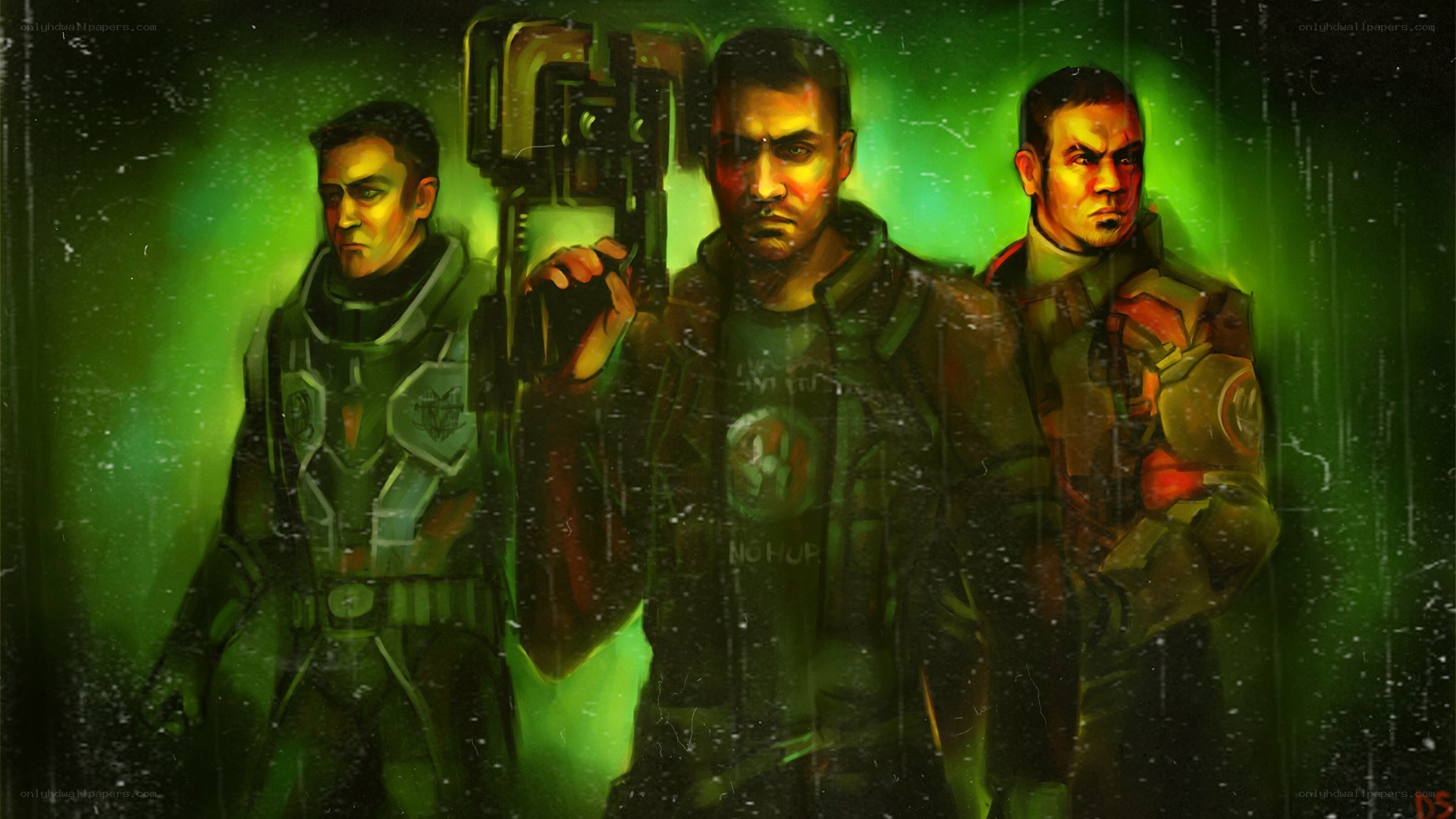 three soldiers in green light