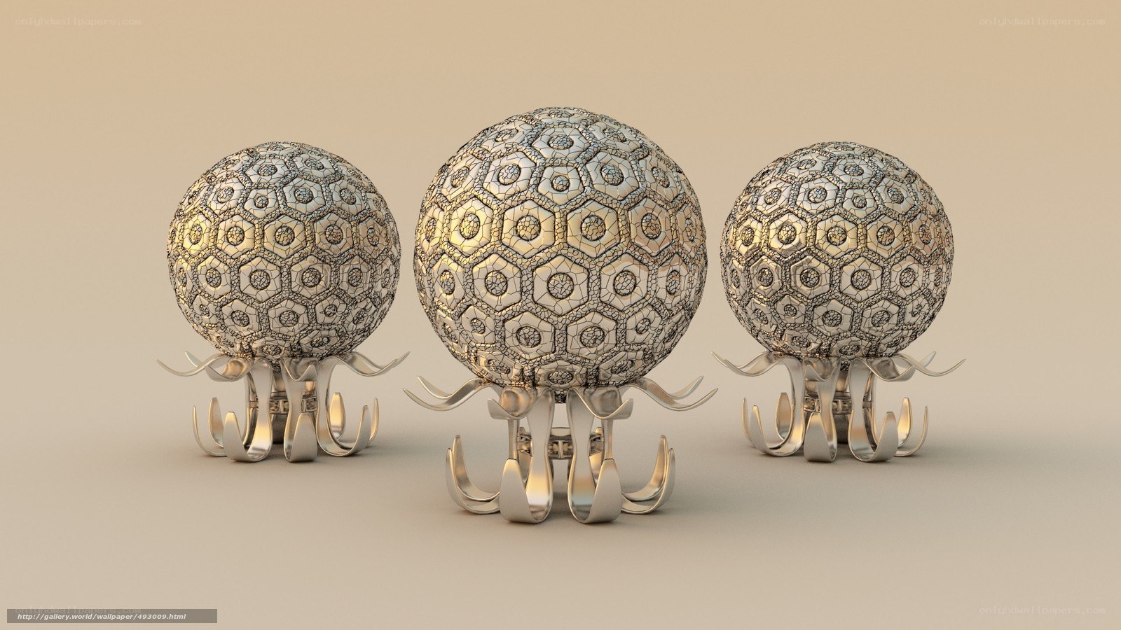 three spherical sculptures